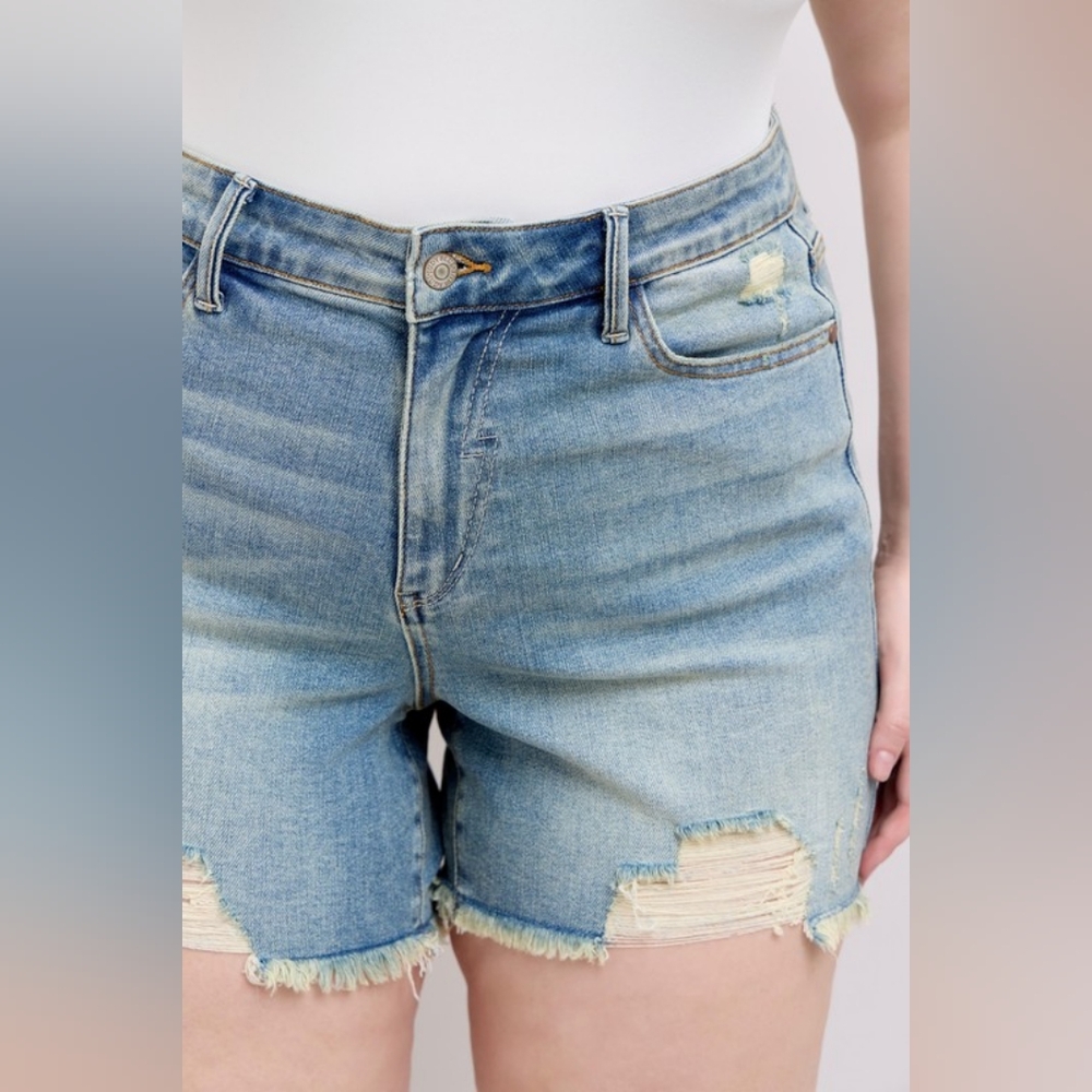 Judy Blue Full Size High Rise Washed Fly Stitch Detail and Destroy Denim Shorts - Picture 15 of 16